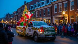 Holiday truck decorated float in a New England Christmas parade