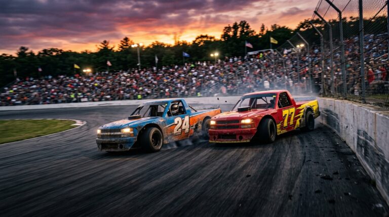 New England truck racing at sunset