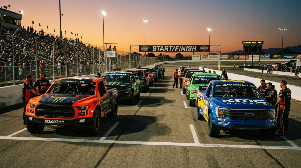 Race trucks lined up before feature race