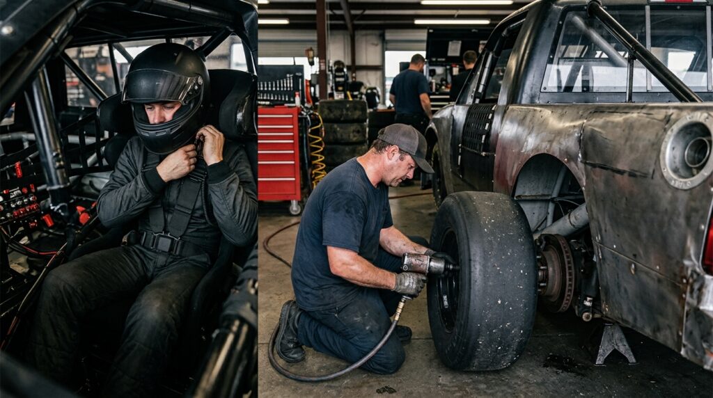 Truck racing team preparing for finale
