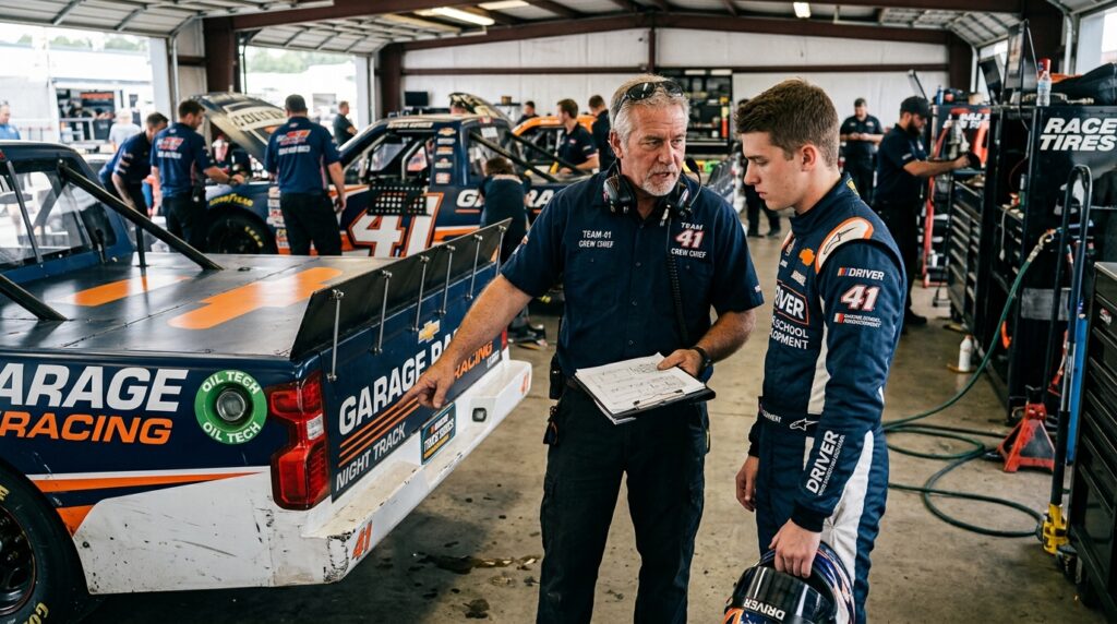 Experienced Truck Series crew chief mentoring a young NASCAR driver