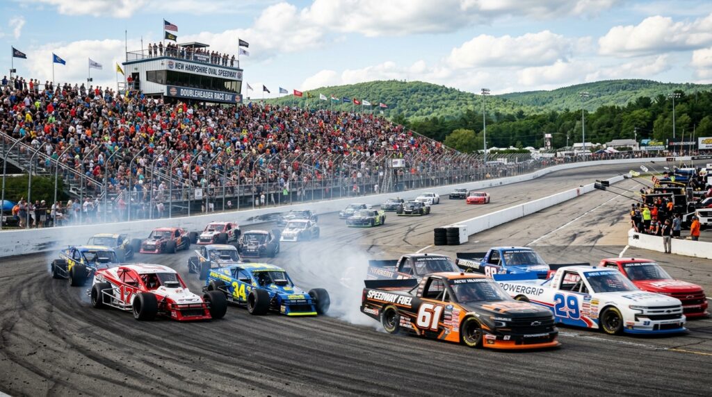 NASCAR Trucks and Whelen Modifieds racing at New Hampshire Motor Speedway