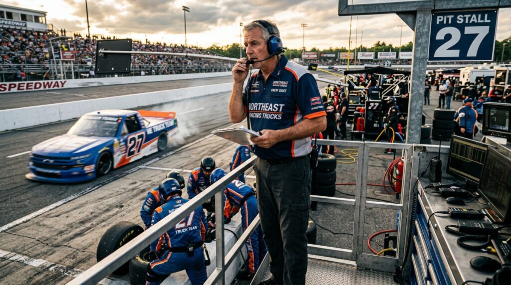 New England crew chief guiding a NASCAR Truck Series team from the pit box