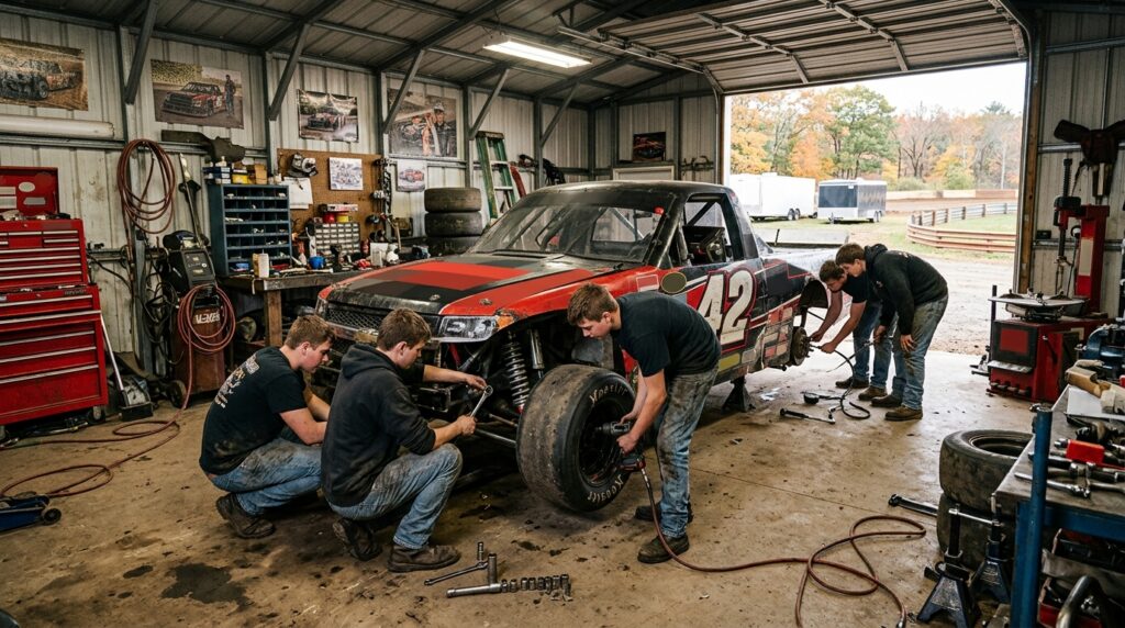 New England short-track crew learning race truck setup and mechanical skills