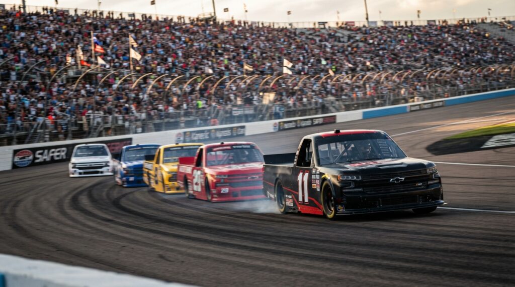 Kaden Honeycutt leading the 2026 NASCAR Truck Series race at Kansas Speedway