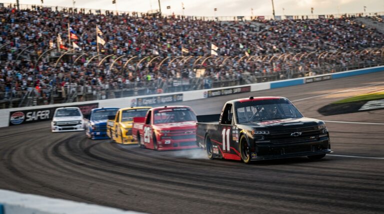 Kaden Honeycutt leading the 2026 NASCAR Truck Series race at Kansas Speedway