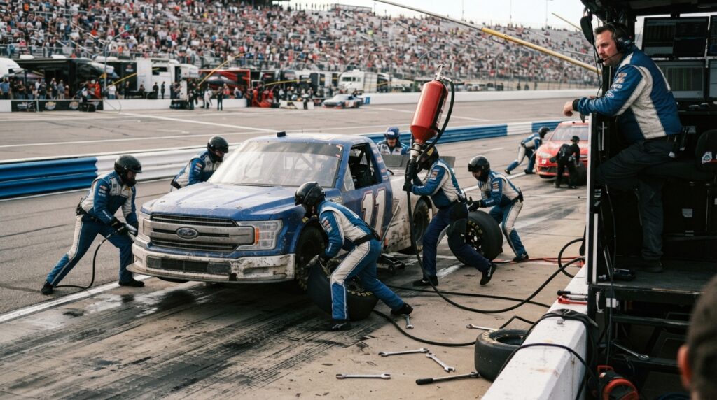 Truck Series pit crew executing strategy during the 2026 championship Chase