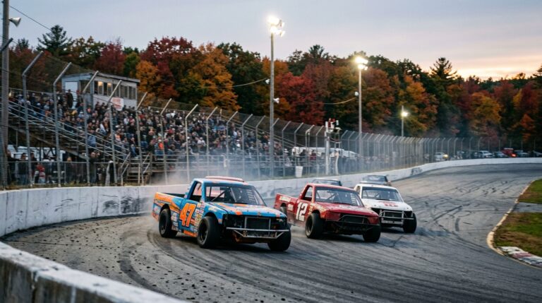 Fall short-track truck racing in New England with autumn weather conditions