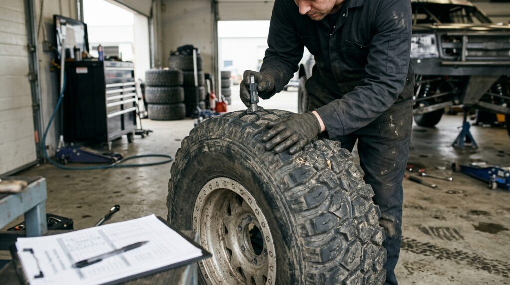Mechanic inspecting race truck tire condition for cold-weather track performance