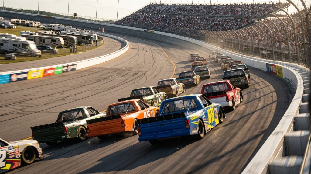 NASCAR Truck Series Talladega 2026 Chase competitors drafting on a superspeedway