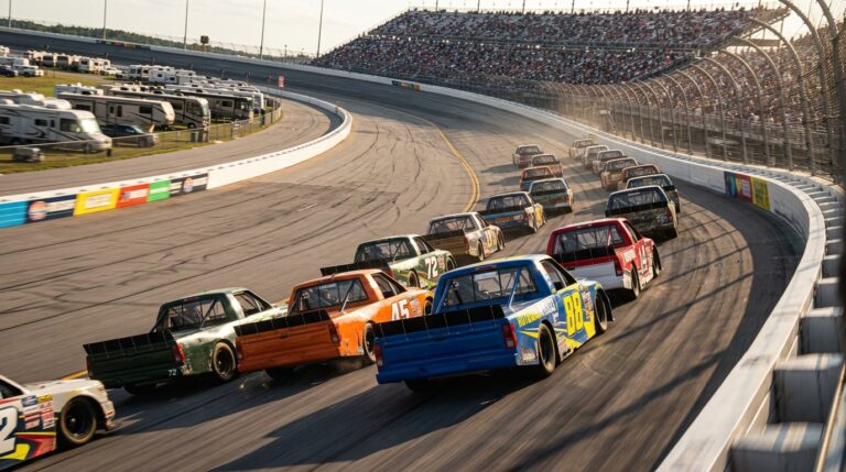 NASCAR Truck Series Talladega 2026 Chase competitors drafting on a superspeedway