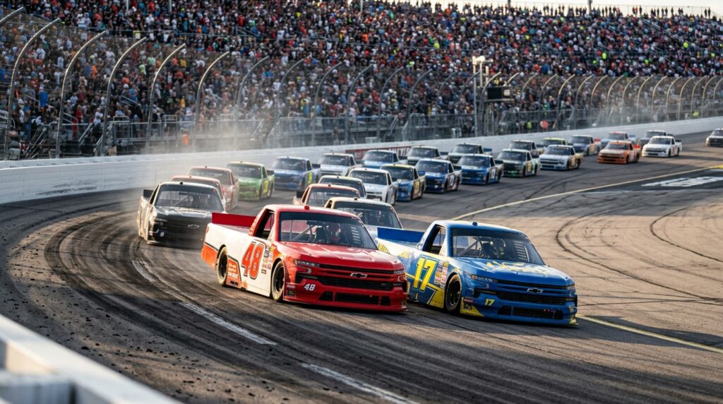 NASCAR-style truck racing restart with drivers battling for track position