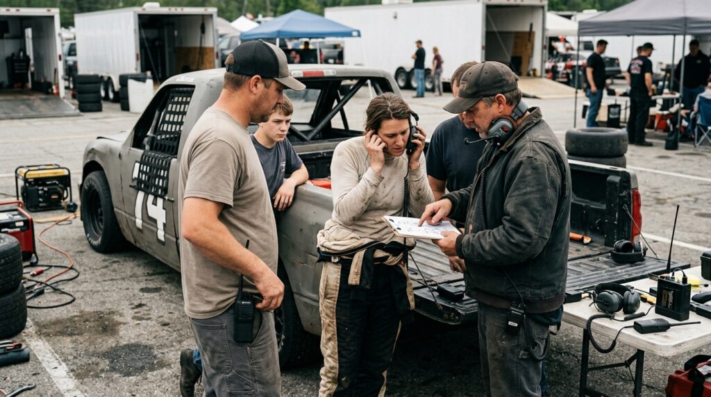 New England racing team checking spotter radios and race-day communication equipment
