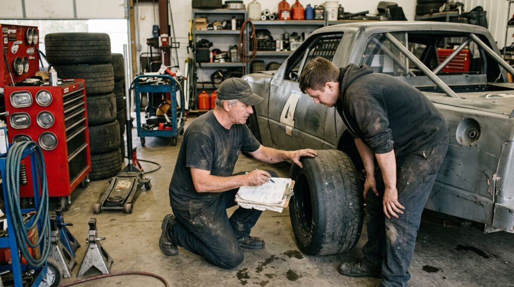 New England truck racing crew reviewing tire wear and setup information