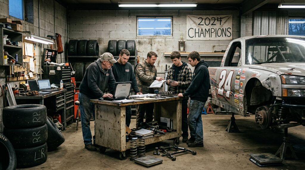 New England truck racing team reviewing setup notes during the offseason