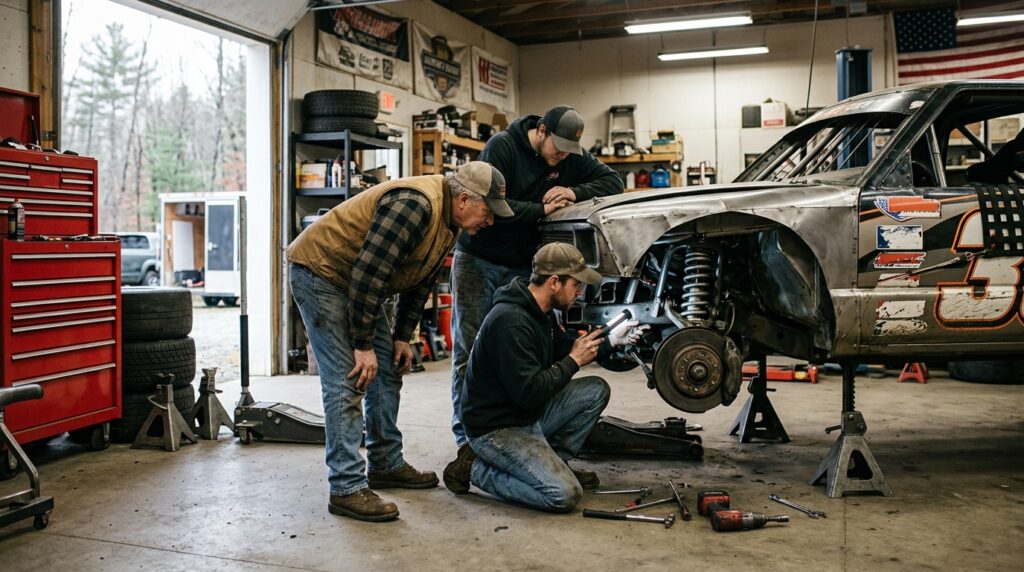 Racing crew preparing suspension and brakes for fall short-track competition