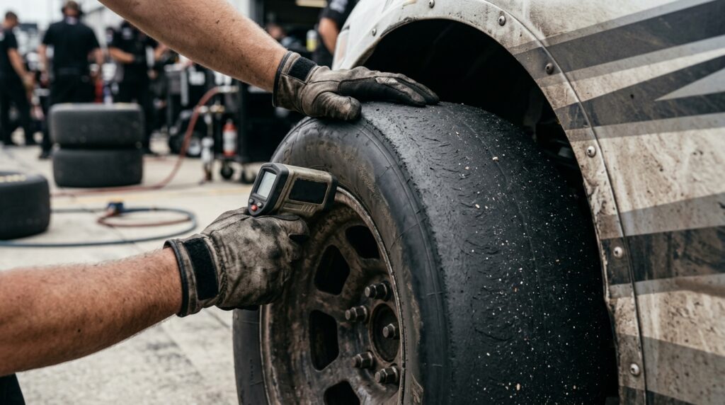 Racing technician measuring tire temperature after short-track practice