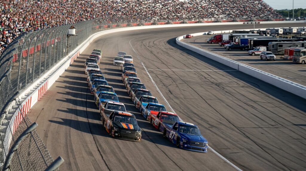 Racing trucks using aerodynamic drafting in close superspeedway competition
