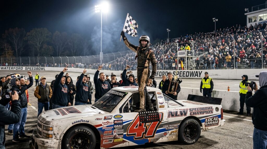 Ryan Lineham celebrates the 2026 Waterford Truck championship at New London-Waterford Speedbowl