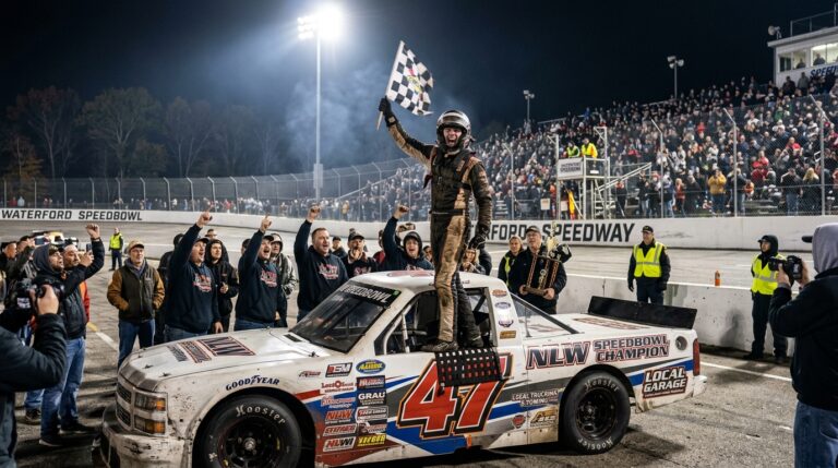 Ryan Lineham celebrates the 2026 Waterford Truck championship at New London-Waterford Speedbowl