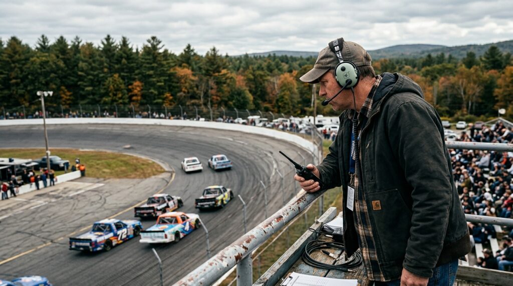 Short-track racing spotter communication during a New England truck race