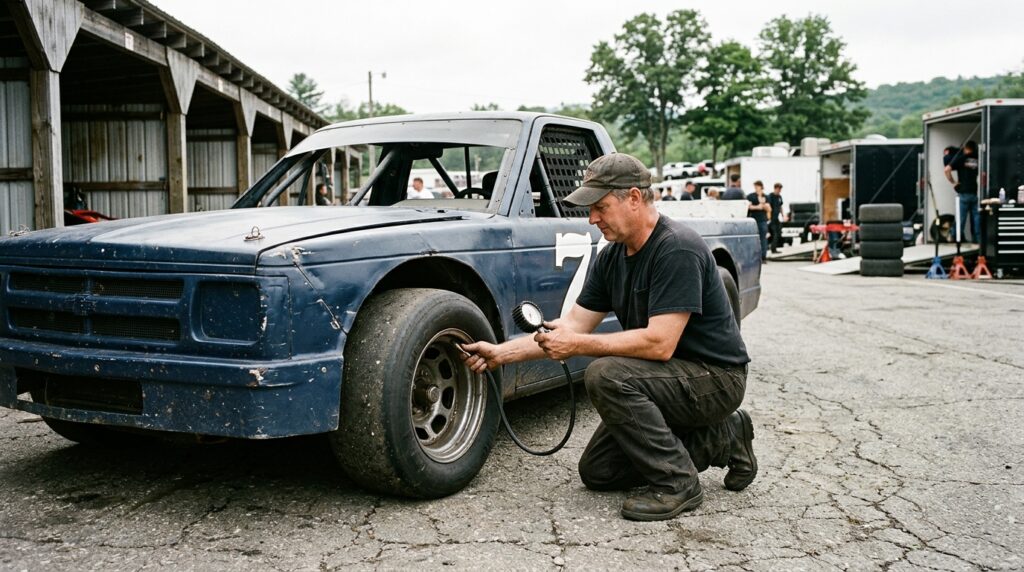 Short-track racing tire management during a Waterford truck racing preparation session
