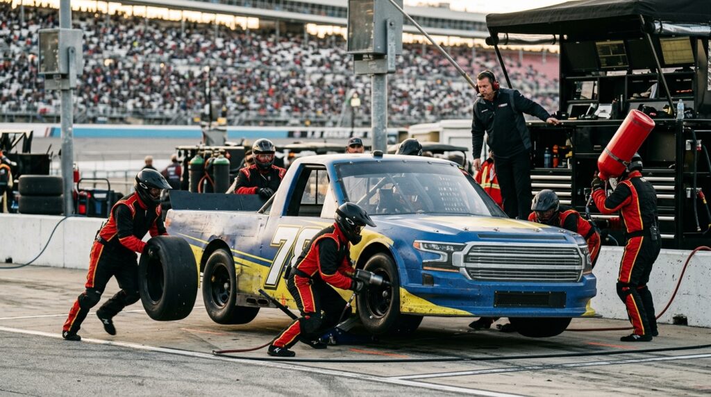 Truck Series pit crew works during a critical 2026 Chase race