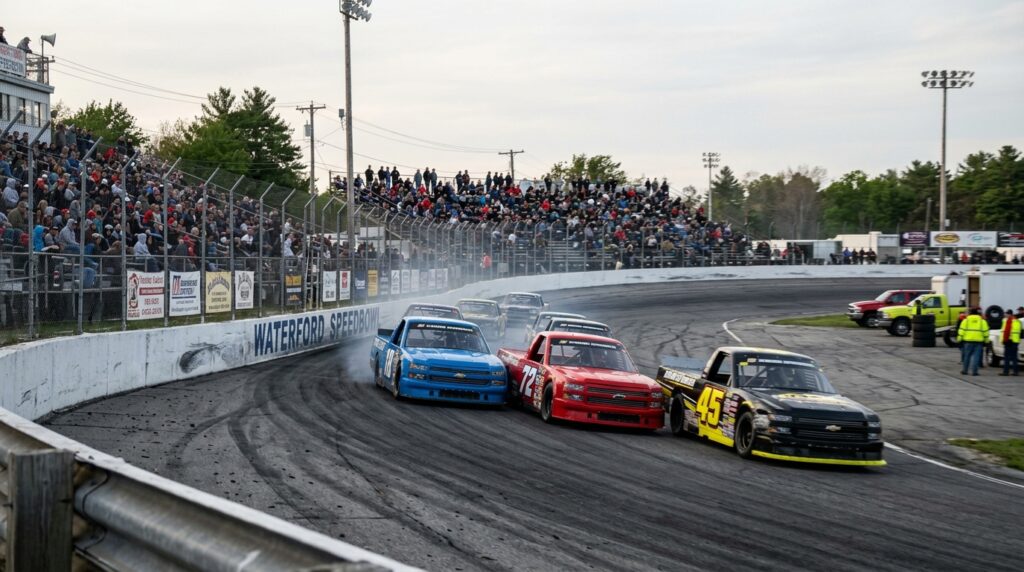 Truck racers battle through traffic during the 2026 Waterford Speedbowl finale