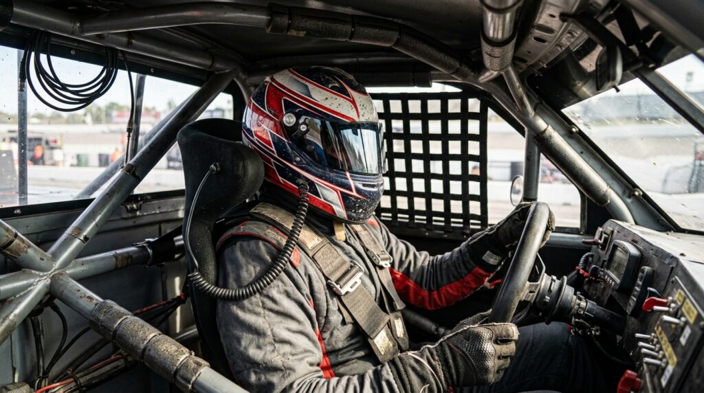 Truck racing driver using helmet radio equipment to communicate with a spotter