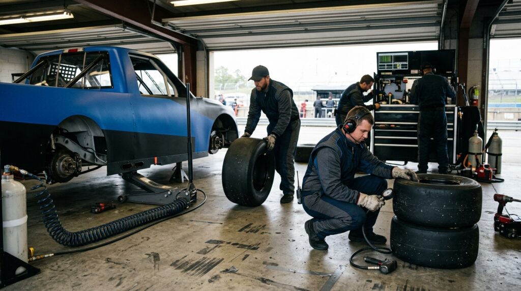 Truck racing pit crew preparing for strategy and tire service during the Chase