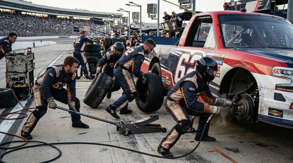 Truck racing pit crew working on tire strategy during a race