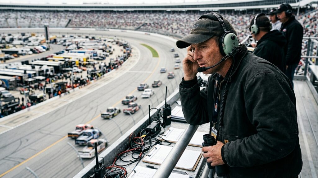Truck racing spotter monitoring traffic and advising a driver during competition