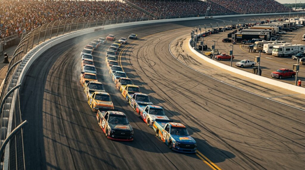 Two drafting lanes competing for position during a Truck Series superspeedway race